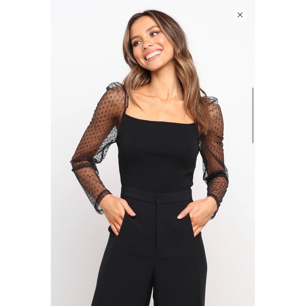 Petal & Pup Rigala Top NWT Black Square Neck Mesh Swiss Dot Sleeves Size S